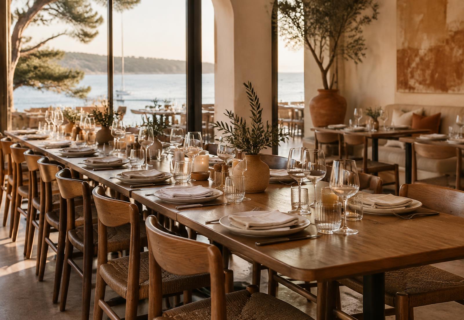 A long timber table set for a group dinner with linen and glassware
