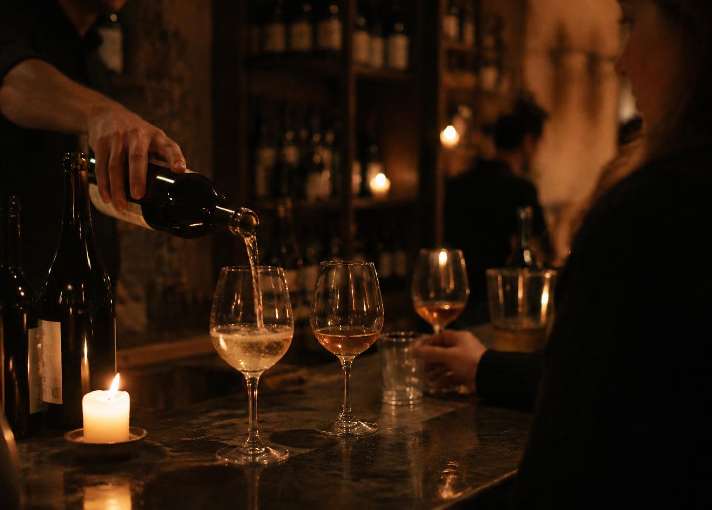 Wine being poured into glasses along a candlelit bar